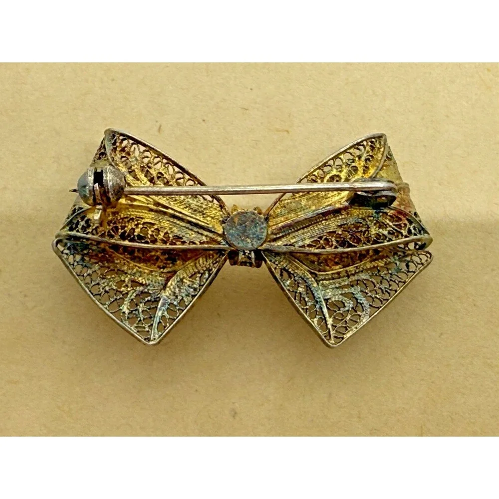 Vintage Sterling Silver Filigree Bow Brooch‎ Gold Wash Gilded Victorian Pin